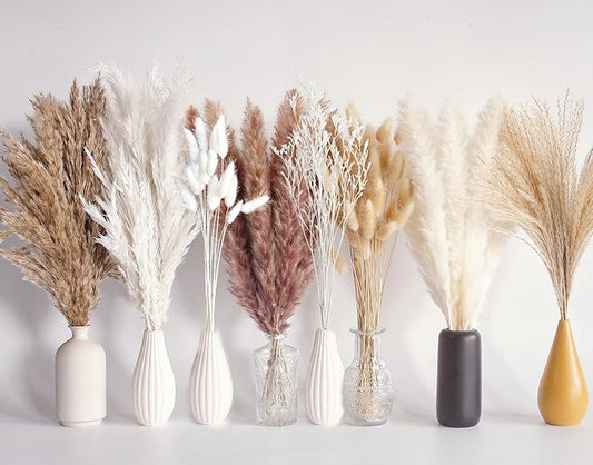 128 PCS Dried Pampas Grass Bouquet, Boho Table Decor, Bunny Tails Dried Flowers, Brown Pampas, White Pampas Grass for Weddings, Home Decor, Rustic Parties, and Baby Shower Decorations