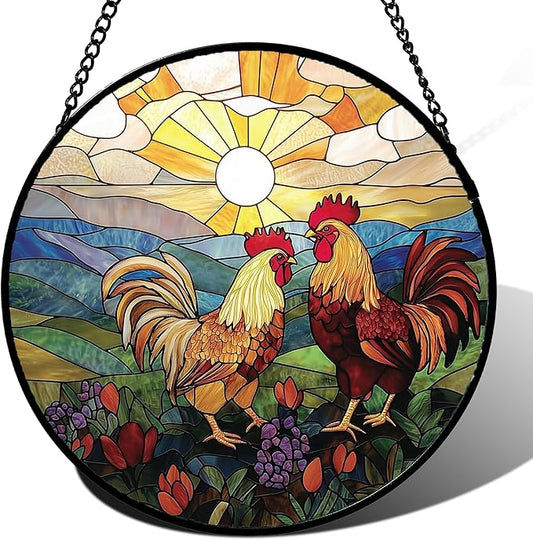 Stained Glass Window Hanging, Countryside Scenery Chicken Sun Catcher for Door Home Decor Sunrise Suncatcher Christmas Mother's Day Birthday Gifts for Women Men Mom Nana 9.8 in