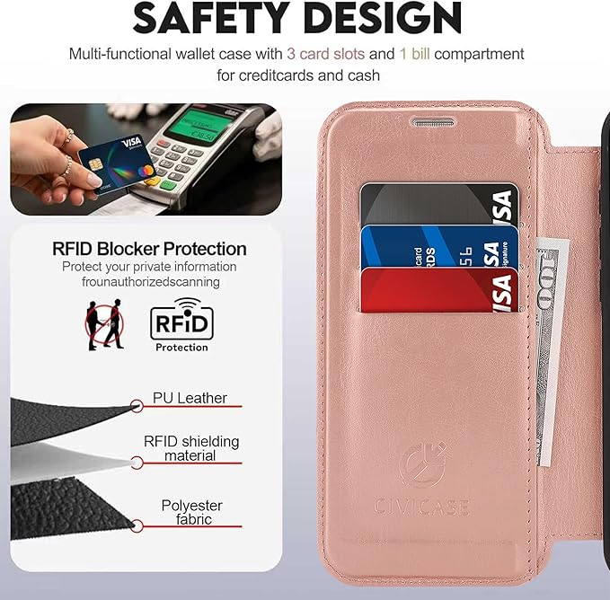 CIVICASE for iPhone 17 Wallet Case with Stand,PU Leather Flip Credit Card Holder Slots (RFID Blocking),Compatible with Magsafe Magnetic Holder Phone Cover Women Men,Rose Gold