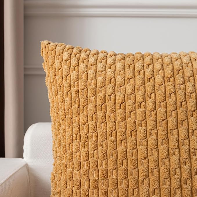 Kevin Textile Throw Pillow Covers Soft Corduroy Decorative Set of 2 Boho Striped Pillow Covers Pillowcases Farmhouse Home Decor for Couch Bed Sofa Living Room 22x22 Inch Gold
