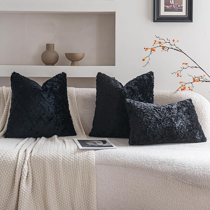 Neelvin Set of 2 Faux Fur Throw Pillow Covers 12x20 Inch Black Cozy Soft Solid Decorative Pillowcases Thick Plush Sheepskin Cushion Case for Chair and Couch Sofa Bedroom