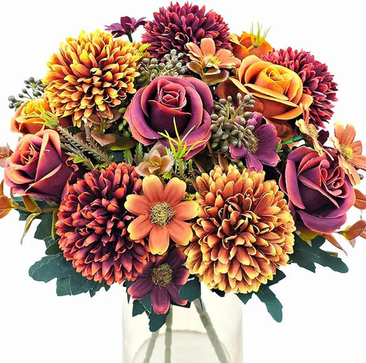 3 Pcs Fall Flowers Artificial Mums Silk Chrysanthemum Rose Daisy Bouquet Fake Mum Faux Floral Arrangements Home Indoor Outdoor Planter Decor Party Wedding Table Autumn Decoration