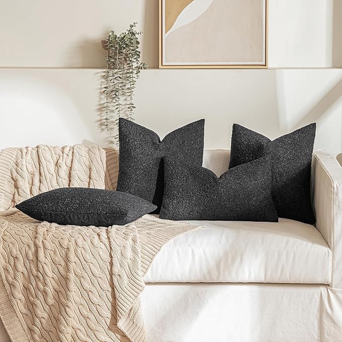 MIULEE 22x22 Inch Decorative Euro Sham Throw Pillows for Bed Set of 2 Textured Boucle Neutral Winter Throw Pillow Covers Black Accent Solid Euro Couch Pillowcases Sofa Livingroom Home Decor
