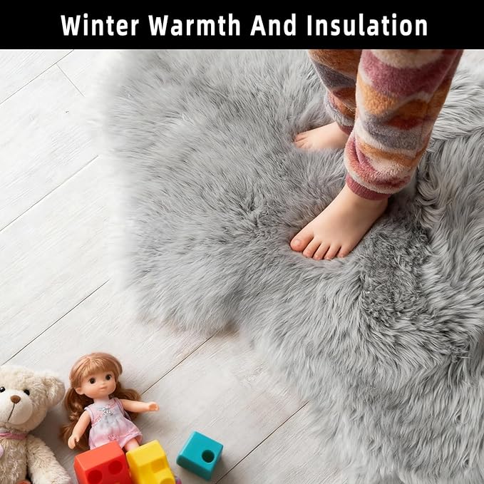 Grey Faux Fur Sheepskin Area Rug for Living Room Bedroom, 6 x 6 Feet Ultra Soft Shaggy Fuzzy Furry Carpet Chair Throw Large Rugs for Kids, Girls, Nursery Room Decor Dorms
