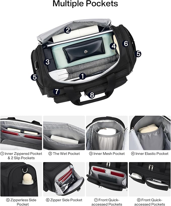MILADA Underseat Carry On Luggage Bags for Travel Lightweight Foldable Carry On Bags for Airplanes Small Duffle Bag for Men Women Personal Weekend Overnight Travel Tote Bags, Black