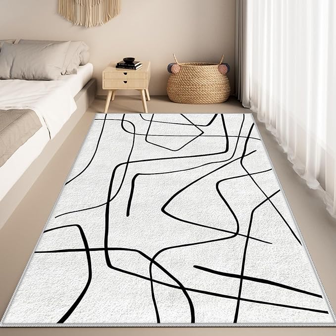Black and White Rug - Abstract Area Rug, Black and White Rugs for Living Room, Modern Minimalist Washable Rugs, Contemporary Carpet Non Slip Home Decor, Curve 7x9