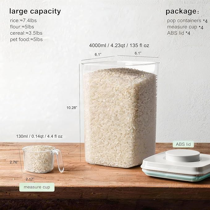 Cozey Daily Airtight Food Storage Container with Pop Lid & 130ml Scoop, BPA-Free Cereal, Rice, Flour, Pasta & Snack Container, Stackable & Durable, Kitchen Pantry Organizer (4000ml / 4.2qt *4)