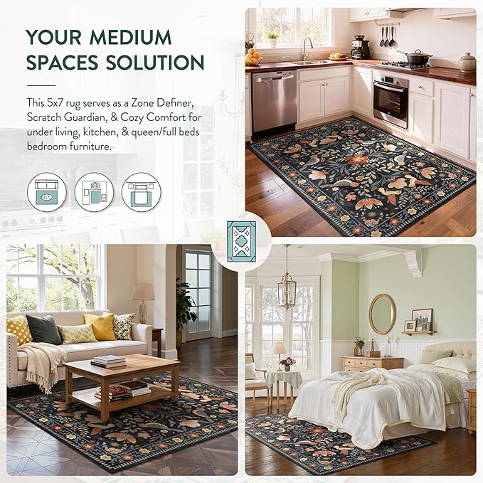 Moynesa Bedroom Rug 5x7, Washable Modern Transitional Black Area Rugs for Living Room Dining Room, Farmhouse Floral Bird Print Carpet, Folk Art Home Decor Open Floor Areas Non-Slip Protection