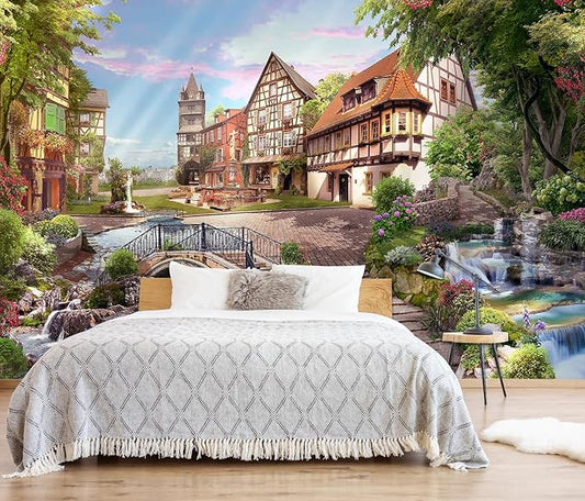 Flowery Waterfall and Beautiful Street Scene in The Sunshine Wall Mural for Living Room, Bedroom, Bathroom Backdrop Decoration（Non-self-Adhesive）
