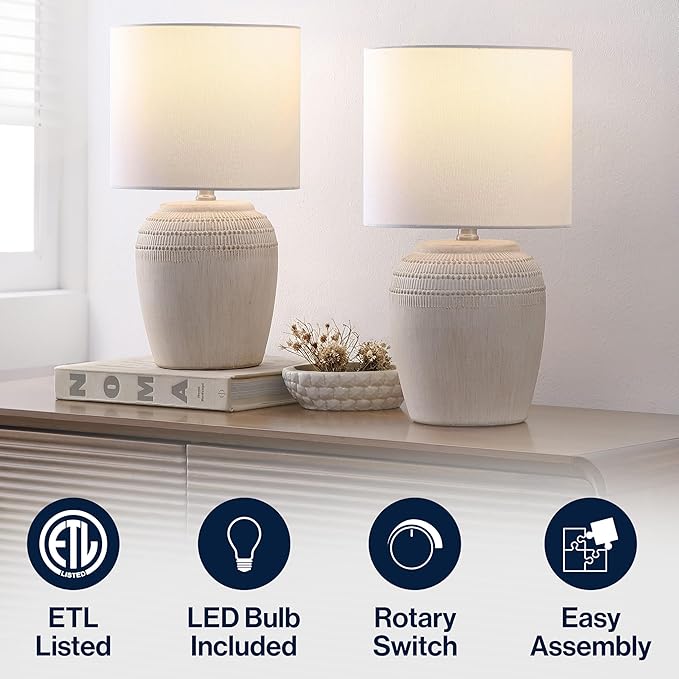 JONATHAN Y JYL5707B-SET2 16.75" Antique White Rustic Reeded Ceramic Table Lamp Set of 2 for Living Room, Traditional Farmhouse Bedside Nightstand Lamps with White Linen Shade, LED Bulbs Included