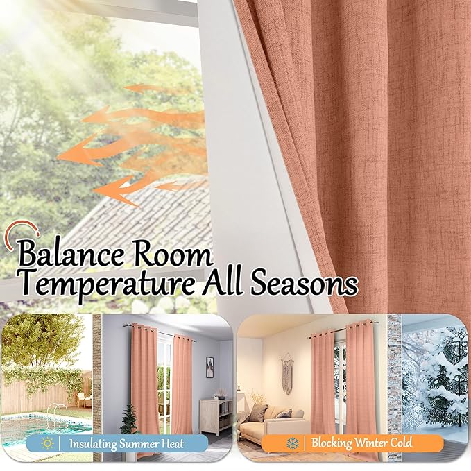 Lajode Terracotta Linen Blackout Curtains 54 Inch Long 2 Panels for Bedroom, Thermal Insulated Total Light Blocking Noise Reducing Window Curtains for Farmhouse Living Room, Each 52x54 Inch 2 Panels