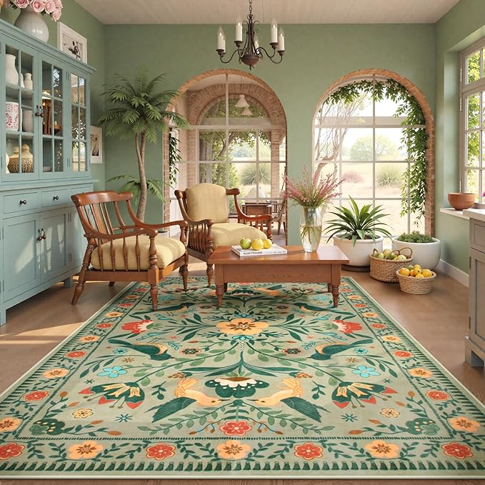 Moynesa Area Rugs 9x12 Green Aesthetic Home Decor, Modern Farmhouse Country Floral Bird Print Pattern Medallion Carpet for Living Room Bedroom Dining Room,Non-Slip Washable Floor Protection