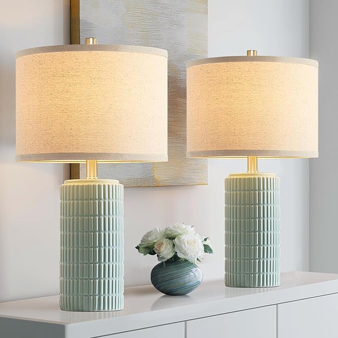 23" Set of 2 Ceramic Table Lamps for Living Room Bedroom, Modern Nightstand Desk Lamp for Entryway, Office, Study Room, 2 LED Bulbs Included