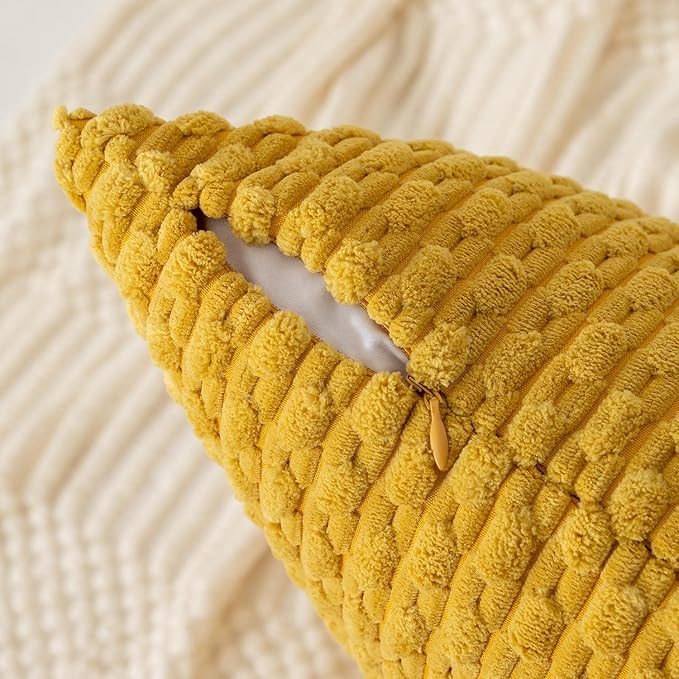 Kevin Textile Throw Pillow Covers Soft Corduroy Decorative Set of 2 Boho Striped Pillow Covers Pillowcases Farmhouse Home Decor for Couch Bed Sofa Living Room 12x20 Inch Mustard Yellow