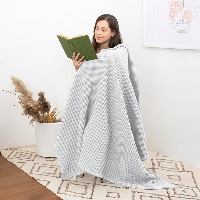Organic Cotton Waffle Weave Blanket Throw (50" x 60") – Lightweight, Breathable & Soft All-Season Blanket for Couch, Bed, Sofa – Cozy Modern Woven for Beach, Picnic, Travel & Gifts(White)