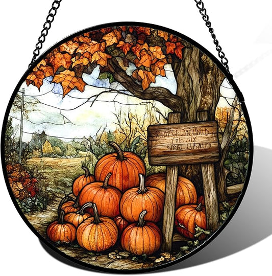 DASTOLL Stained Glass Window Hanging Fall Farm Scenery Maple Trees Pumpkin 7.8" - Suncatcher Door Garden Kitchen Sun Catcher Autumn Decor Birthday for Mom Nana Men Woman Friend