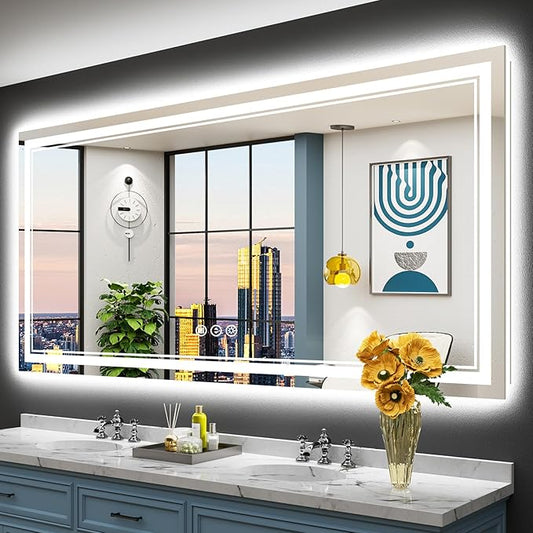 77x36 LED Bathroom Mirror with Lights, Backlit & Front Lit, Anti-Fog Frameless Lighted Vanity Mirrors for Bathroom Wall, Dimmable, 3-Color Light, Memory, Shatter-Proof, Tempered Glass, CRI＞90