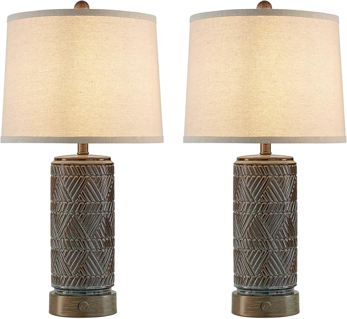 RORIA Set of 2 Farmhouse Table Lamps for Living Room Bedroom, 3 Way Dimmable Touch Nightstand Lamp with 2 USB Port, Rustic Vintage Bronze Ceramic Lamps for End Table Bedside, Bulbs Included