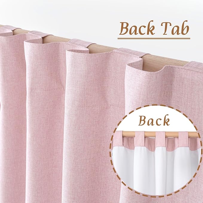 LAMIT Pink 100% Blackout Linen Curtains, 84 Inch Linen Textured Living Room Farmhouse Curtains Room Darkening Back Tab and Rod Pocket Burlap Neutral Panels with White Liner, 2 Panels, 52 x 84 Inch