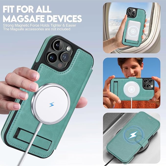 CIVICASE for iPhone 13 Pro Max Wallet Case with Stand,PU Leather Flip Credit Card Holder Slots (RFID Blocking),Compatible with Magsafe Magnetic Holder Phone Cover Women Men,Green