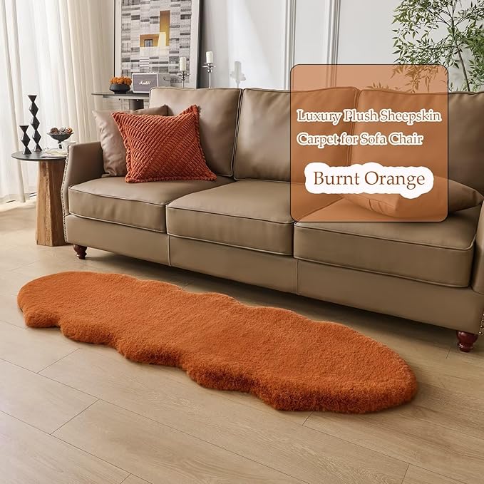 1700GSM Fuzzy Faux Sheepskin Fur Area Rug,Extra Soft Faux Fur Mat,Fluffy Shaggy Fur Rug for Bedroom Living Bedside Rug Room Decor-Burnt Orange, 2 x6 ft