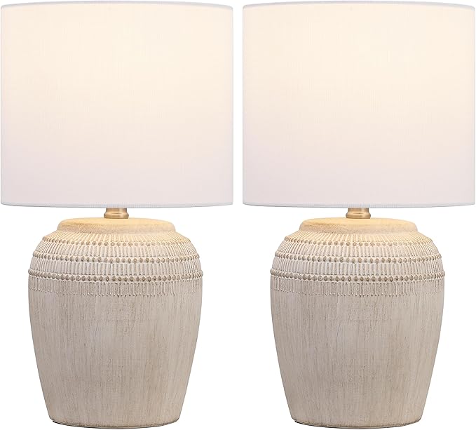 JONATHAN Y JYL5707B-SET2 16.75" Antique White Rustic Reeded Ceramic Table Lamp Set of 2 for Living Room, Traditional Farmhouse Bedside Nightstand Lamps with White Linen Shade, LED Bulbs Included