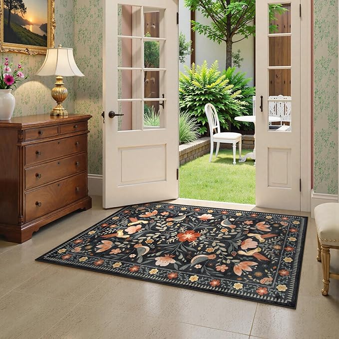 Moynesa 3x5 Entryway Rug Indoor, Modern Transitional Washable Non-Slip Low Pile Black Area Rug for Bedroom Kitchen Entry,Lightweight Foldable Farmhouse Floral Bird Carpet Folk Art Home Decor