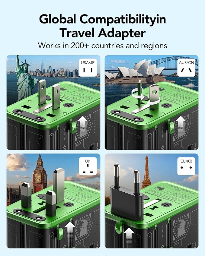 Mfish Universal Travel Adapter, 75w 5-Port International Plug Adapter, 1 USB-A, and 3 USB-C, Worldwide Wall Charger for EU/UK/AUS/CN Compatible with Over 200 Countries, Black