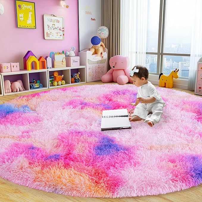 Round Fluffy Rugs 8Ft for Girls Bedroom, Dark Rainbow Shag Circle Kids Rug Non-Slip for Bedside Dorm Nursery Playroom, Soft Cute Area Rugs for Living Room Decor