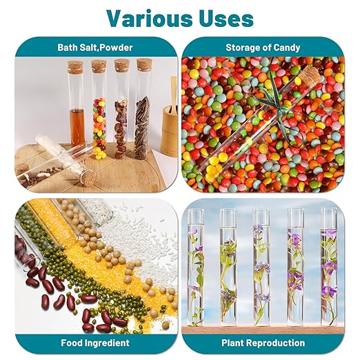 6pcs 60ml Glass Test Tube with Cork Stopper, 25x180mm Storage Tube with Cap, 6 Holes Acrylic Rack, Plant Propagation Vase, Tube Set for Scientific Experiments Lab Candy Liquid Party Decor