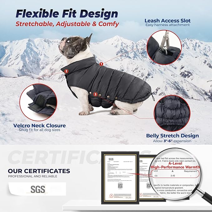 SPACE LION Dog Puffer Jacket, Down Winter Coat, Durable Outdoor Coat for Cold and Windy Conditions, Lightweight & Adjustable Fit Coats for Large Dogs, (Black, Size26/3XL)