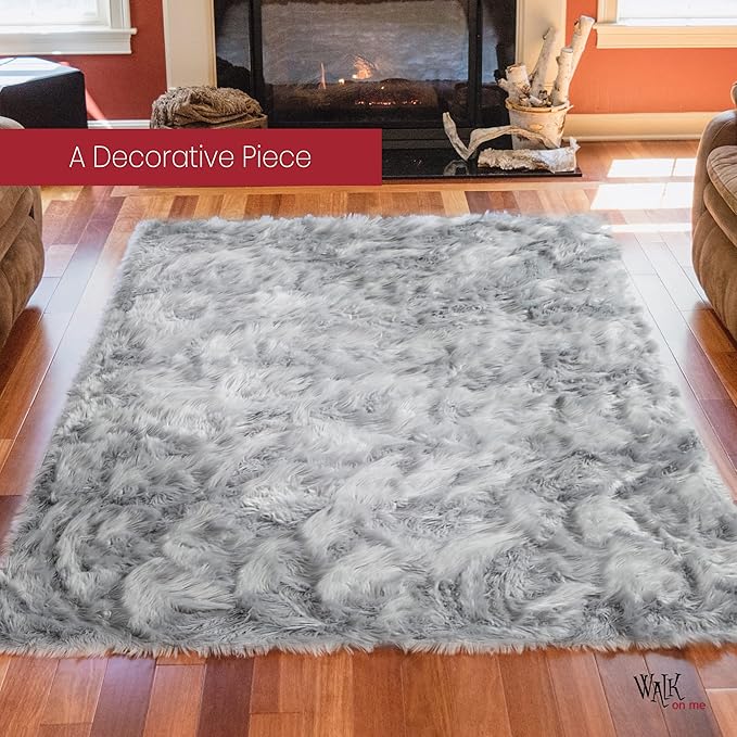 Walk on Me Silky Soft Faux Fur Rug, Sheepskin Area Rug, Shaggy Rug for Living Room, Bedroom, Kid's Room, or Nursery, Home Décor Accent, Machine Washable with Non-Slip Backing (Gray, Rectangle (4'x6')