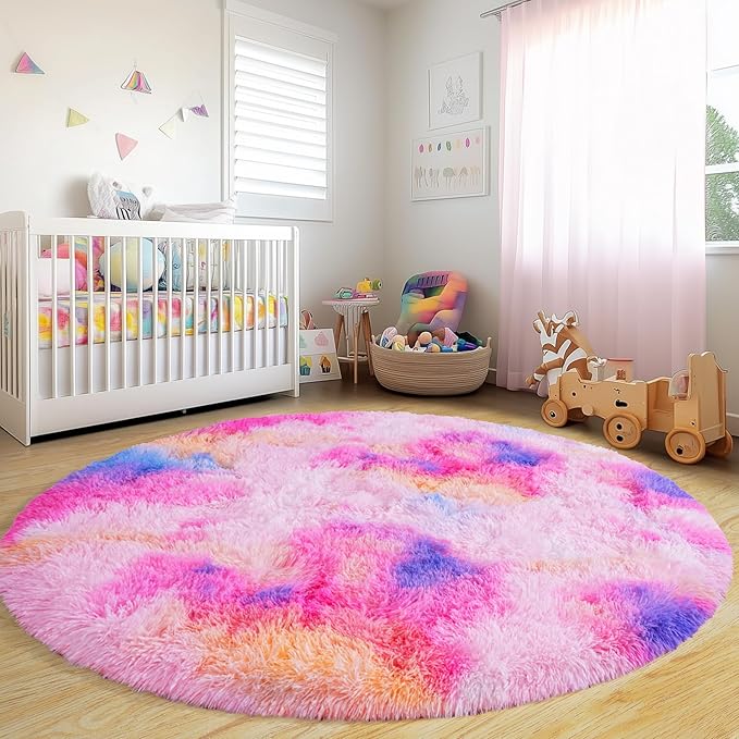 Round Fluffy Rugs 3Ft for Girls Bedroom, Dark Rainbow Shag Circle Kids Rug Non-Slip for Bedside Dorm Nursery Playroom, Soft Cute Area Rugs for Living Room Decor