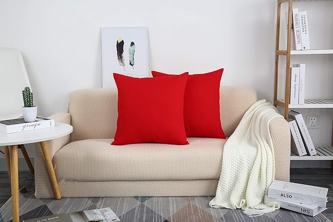 TangDepot Set of 2 Handmade Decorative Solid 100% Cotton Canvas Throw Pillow Covers/Cushion Covers, 45 Colors Available - (20"x20" 2 Pieces, Red)