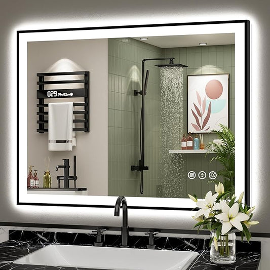 40x32 Black Framed LED Bathroom Mirror with Lights, Backlit and Front Lit, Anti-Fog Lighted Vanity Mirrors for Bathroom Wall, Dimmable, 3-Color Light, Memory, Shatter-Proof, HD Tempered Glass