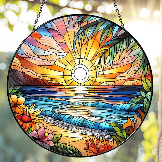 Beach Sunset Sun Catcher Stained Glass Window Hanging 6'', Beach Lovers Gifts for Women Kitchen Decor Landscape Decoration for Home Garden Housewarming Gifts