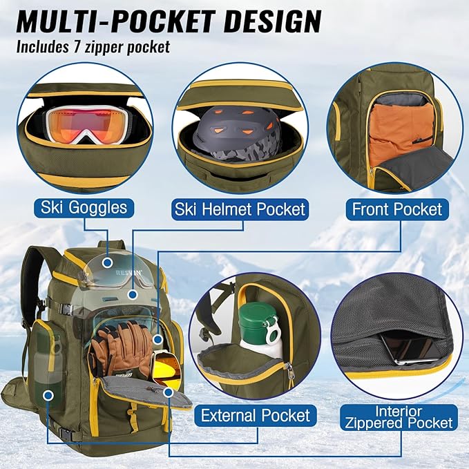 Ski Boot Bag, 65L Durable Travel Backpack, 1680D Nylon Waterproof Snowboard Boot Bag, Skiing and Snowboarding Travel Luggage for Helmet, Goggles, Gloves, Outerwear & Accessories