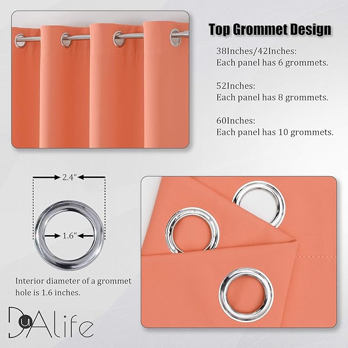 DUALIFE Light Coral Blackout Curtain Panels for Bedroom 45 Inch Length 2 Panels Set Solid Thermal Insulated Room Darkening Curtains with Grommet 38 W x 45 L Inch Salmon Coral Color