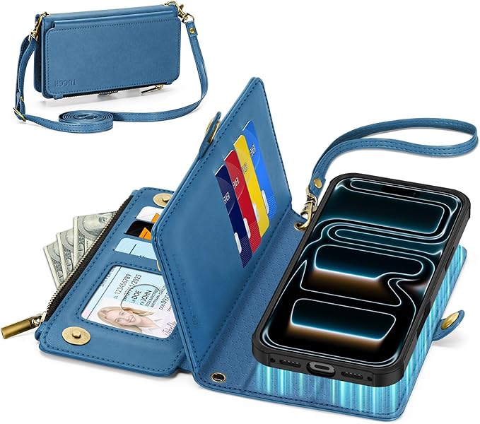 TUCCH Removable Crossbody Case Wallet for iPhone 17 Pro Max 6.9" 2025, Wireless Charging, RFID Blocking 10 Card Slots, Lanyard, Wrist Strap, Zipper Pocket, PU Leather, Stand Magnetic Cover, Light Blue