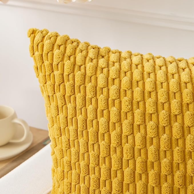 Kevin Textile Throw Pillow Covers Soft Corduroy Decorative Set of 2 Boho Striped Pillow Covers Pillowcases Farmhouse Home Decor for Couch Bed Sofa Living Room 26x26 Inch Mustard Yellow