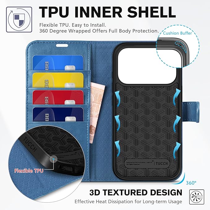 TUCCH Wallet Case for iPhone 17 Pro (6.3") 2025, 4 Card Slots, RFID Blocking, Stand, Shockproof TPU Shell, PU Leather, Magnetic Closure, Protective Flip Folio Cover, Light Blue