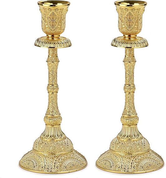 OwnMy Set of 2 Taper Candle Holders Vintage Metal Pillar Candlestick Holders 7.4”, Elegant Brass Candle Stick Holders Decor Candelabra Set for Dining Table Centerpieces Wedding Home Decoration, Gold