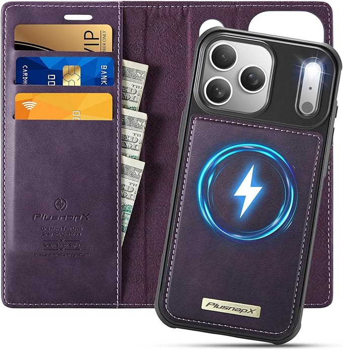 PlusnapX Wallet Case for iPhone 17 Pro Max Compatible with Magsafe, 2-IN-1 PU Leather Flip RFID Blocking Card Holder Stand Shockproof Magnetic Detachable Cover for iPhone 17 Pro Max 6.9", Retro Purple