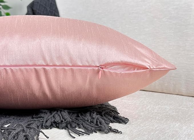 Aiking Home 18x18 Inches Faux Silk Square Throw Pillow Cover, Zipper Closure, Rose Pink (Set of 2)