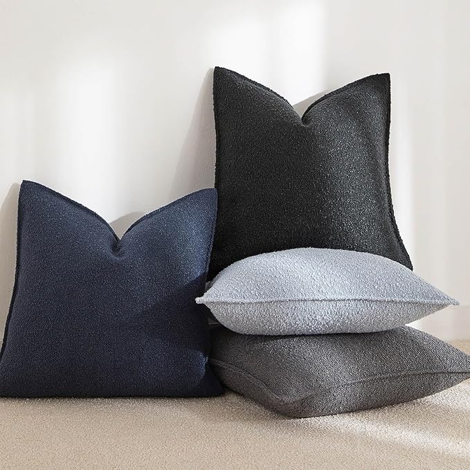 JUSPURBET Black Decorative Pillow Covers Set of 2 Throw Pillow Covers for Couch Sofa Bed Cozy Boucle Textured Cushion Covers Cases with Hidden Zipper for Living Room Home Decor 16x16