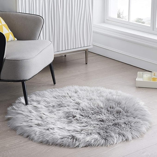 Ciicool Round Fur Fluffy Area Rug for Bedroom, Grey Faux Fur Rugs Furry Circle for Kids Room, Cute Furry Nursery Carpet, Plush Shag Circular Rugs Floor Carpets 3x3 Ft