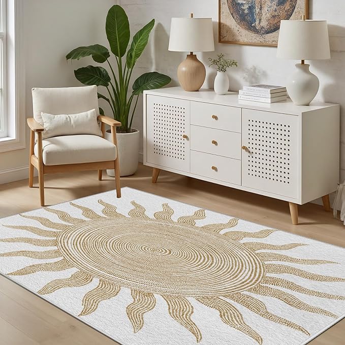 Boho Washable Rugs for Bedroom 7x10, Modern Sun Print Soft Minimalism Area Rug, Non Slip Low Pile Abstract Carpet for Classroom Living Room Decor Dining Room Sofa Kids Nursery Room, Beige Yellow