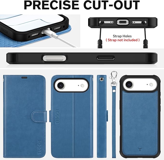 TUCCH Detachable Case Wallet for iPhone Air (6.5") 2025, Wrist Strap | 4 Card Slots RFID Blocking | Wireless Charging | Stand | 2-in-1 Magnetic | PU Leather | Shockproof Folio Cover | Light Blue