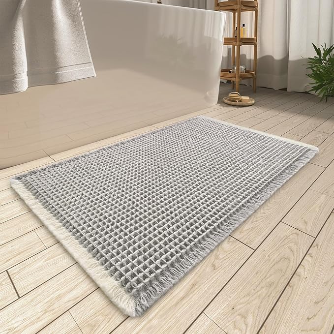 Upgraded Waffle Bath Mat, Super Absorbent Non Slip Bath Mats for Bathroom Floor, Machine Washable Bathroom Rugs with Tassels, Rubber Backed Bathroom Mats, Ultra Soft, 17" x 24",LightGrey & Cream