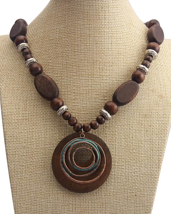 Leather Necklace for Women Boho Choker Necklace Long Cord Leather Pendant Bohemian Neckalce Vintage Alloy Pendant Leather Rope Necklace Wooden Necklaces for Women